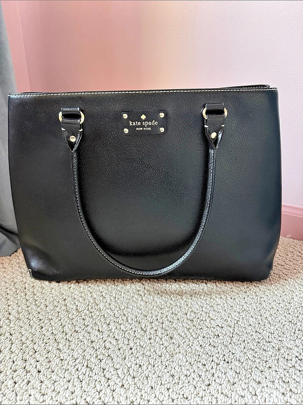 Kate Spade New York Black Leather Tote Bag Pink Interior WKRU1433